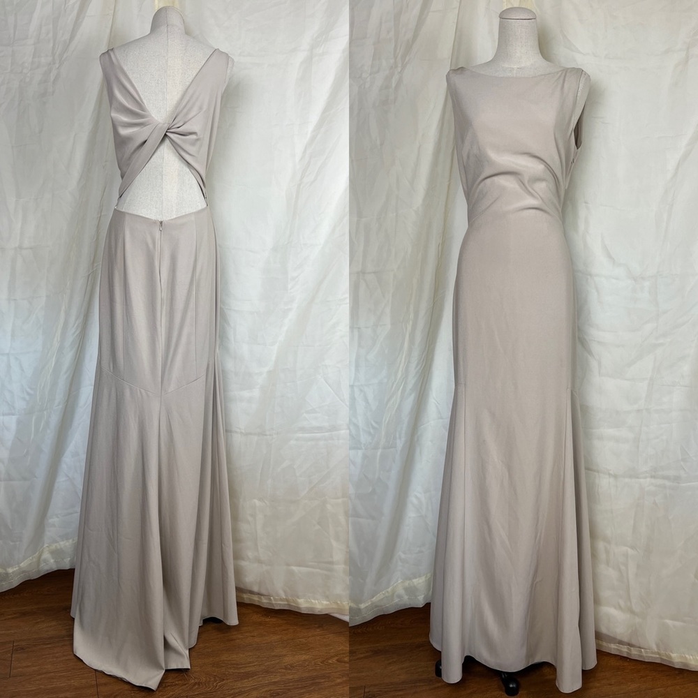 Theia Beige Gray Open Back Gown